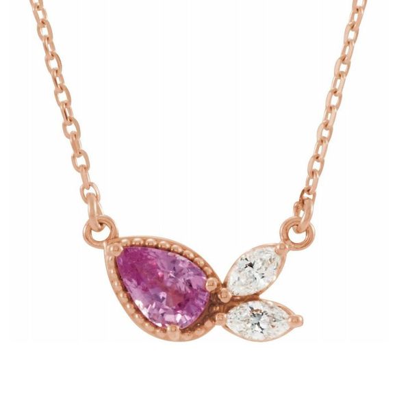 14K Rose Gold Pink Sapphire 1/6 CTW Diamond Necklace, 18 Inch
